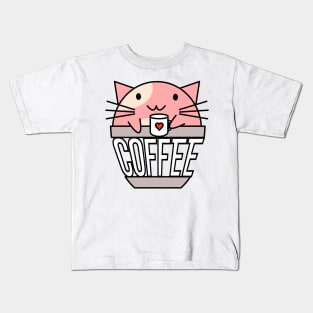 Cat in coffee cup with warped text holding coffee cup with heart pink and white Kids T-Shirt